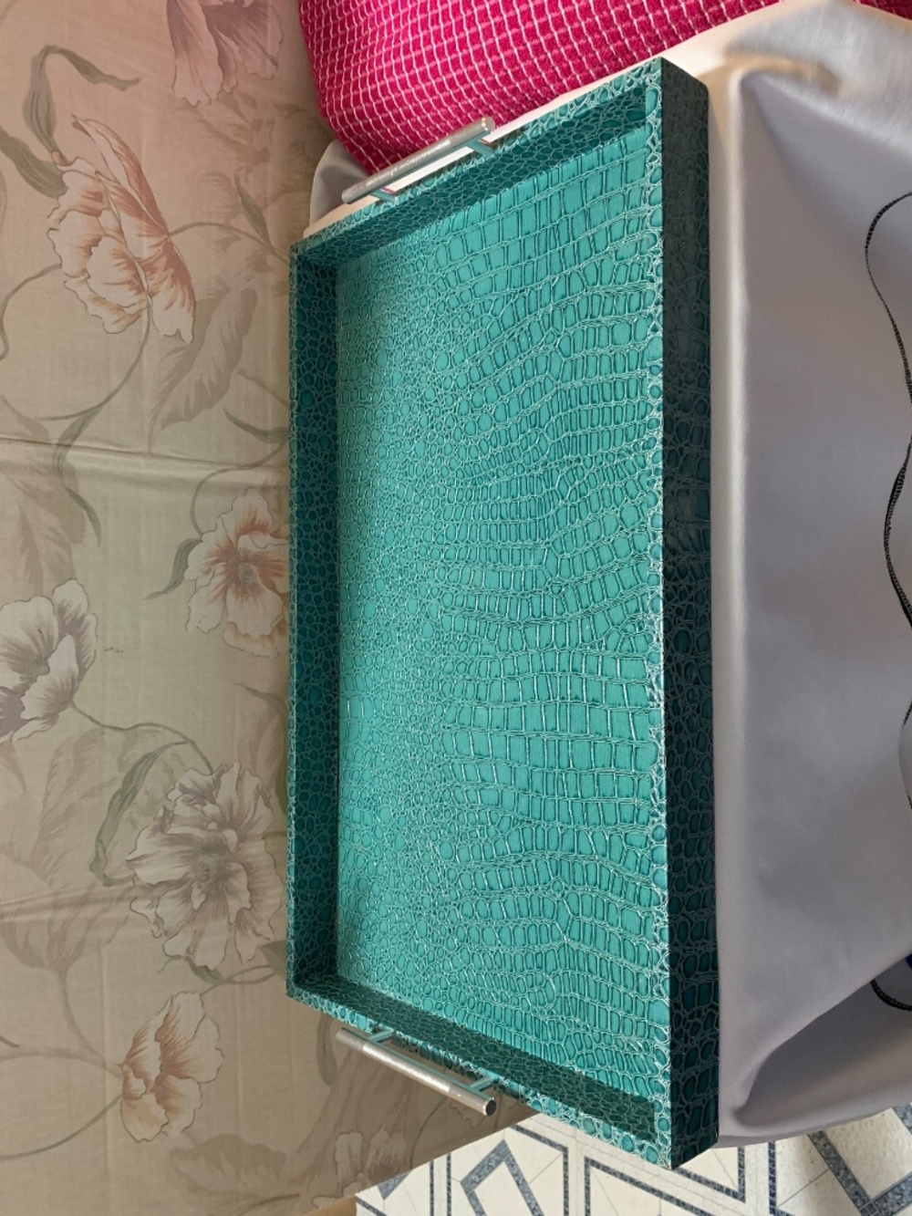 Turquoise Textured Faux Leather Snake Reptile Crocodile Serve Tray Metal Handles